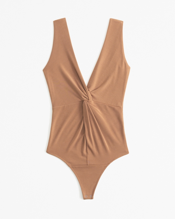 Glossy Rib Plunge Twist Bodysuit, Copper Brown view 1