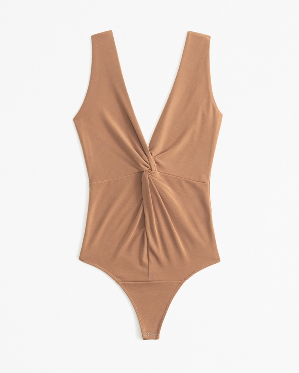 Glossy Rib Plunge Twist Bodysuit, Copper Brown