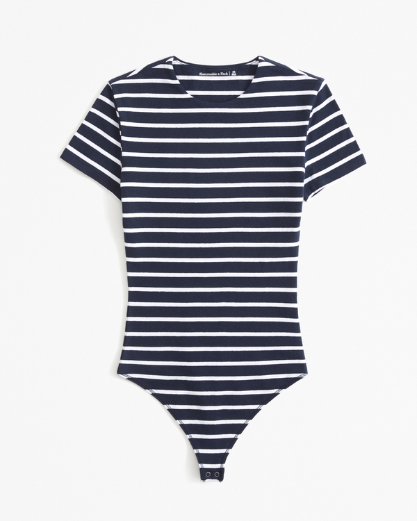 Short-Sleeve Cotton-Blend Seamless Fabric Crew Bodysuit, Navy Stripe view 1