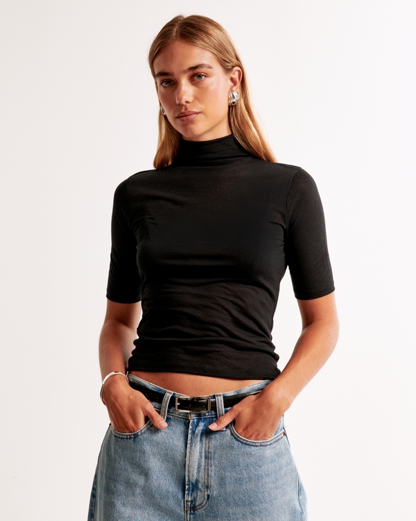 Half-Sleeve Sheer Jersey Mockneck Top, Black view 1