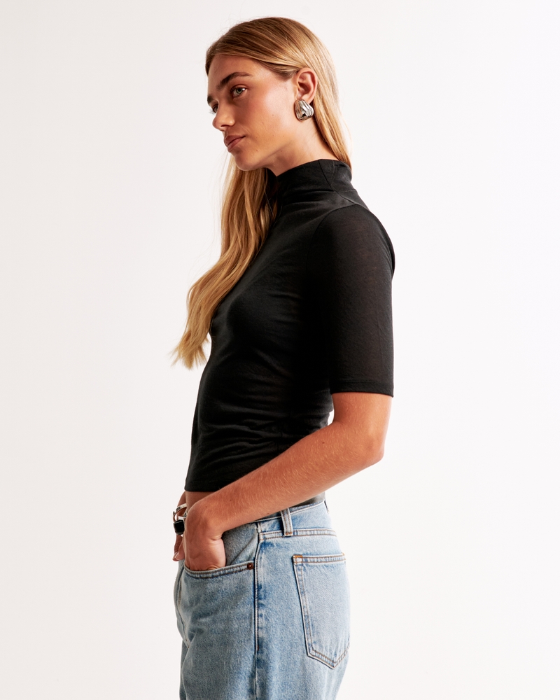 Half-Sleeve Sheer Jersey Mockneck Top