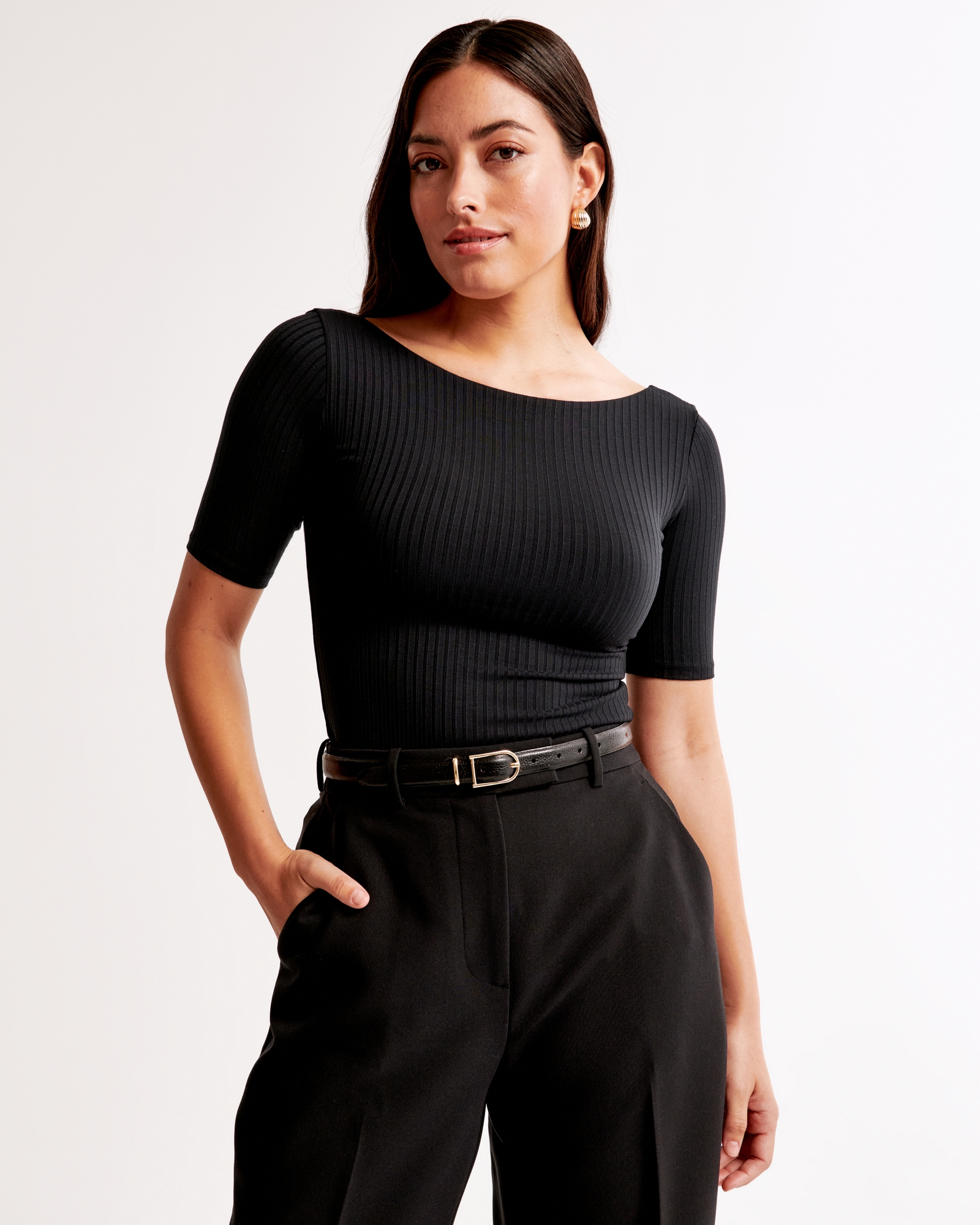 Half-Sleeve Wide Rib Boatneck Top