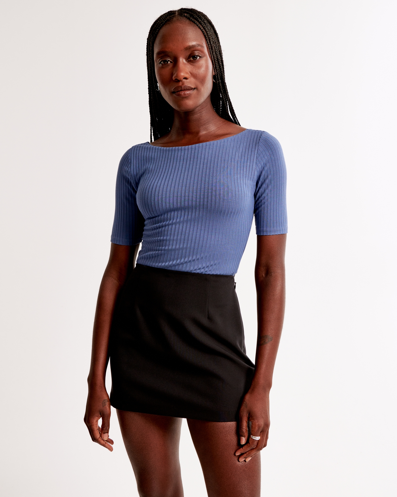 Half-Sleeve Wide Rib Boatneck Top