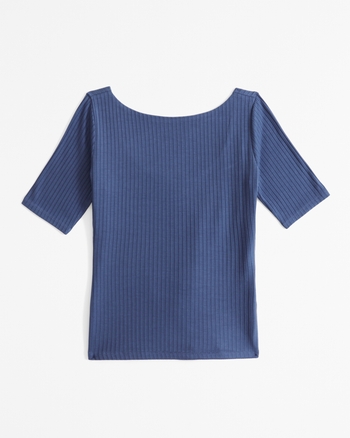 AMOMENTO Boat Neck Zip Up Top - Navy | Garmentory