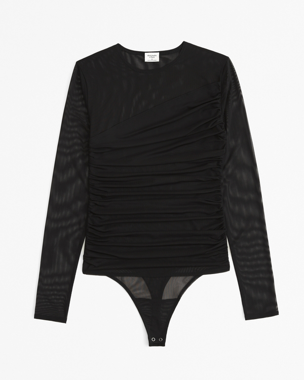 Long-Sleeve Layered Mesh Bodysuit, Black