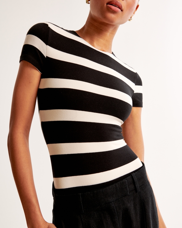 Cotton-Blend Seamless Fabric Tee Bodysuit, Black Stripe view 1