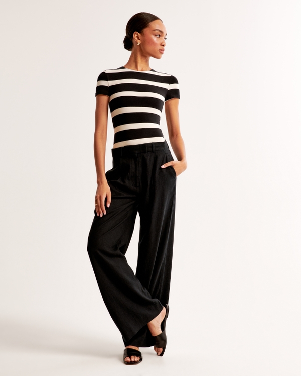 Cotton-Blend Seamless Fabric Tee Bodysuit, Black Stripe view 2