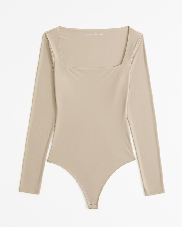 Soft Matte Seamless Long-Sleeve Squareneck Bodysuit, Light Brown view 1