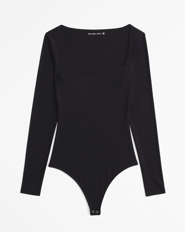 Soft Matte Seamless Long-Sleeve Squareneck Bodysuit, Black