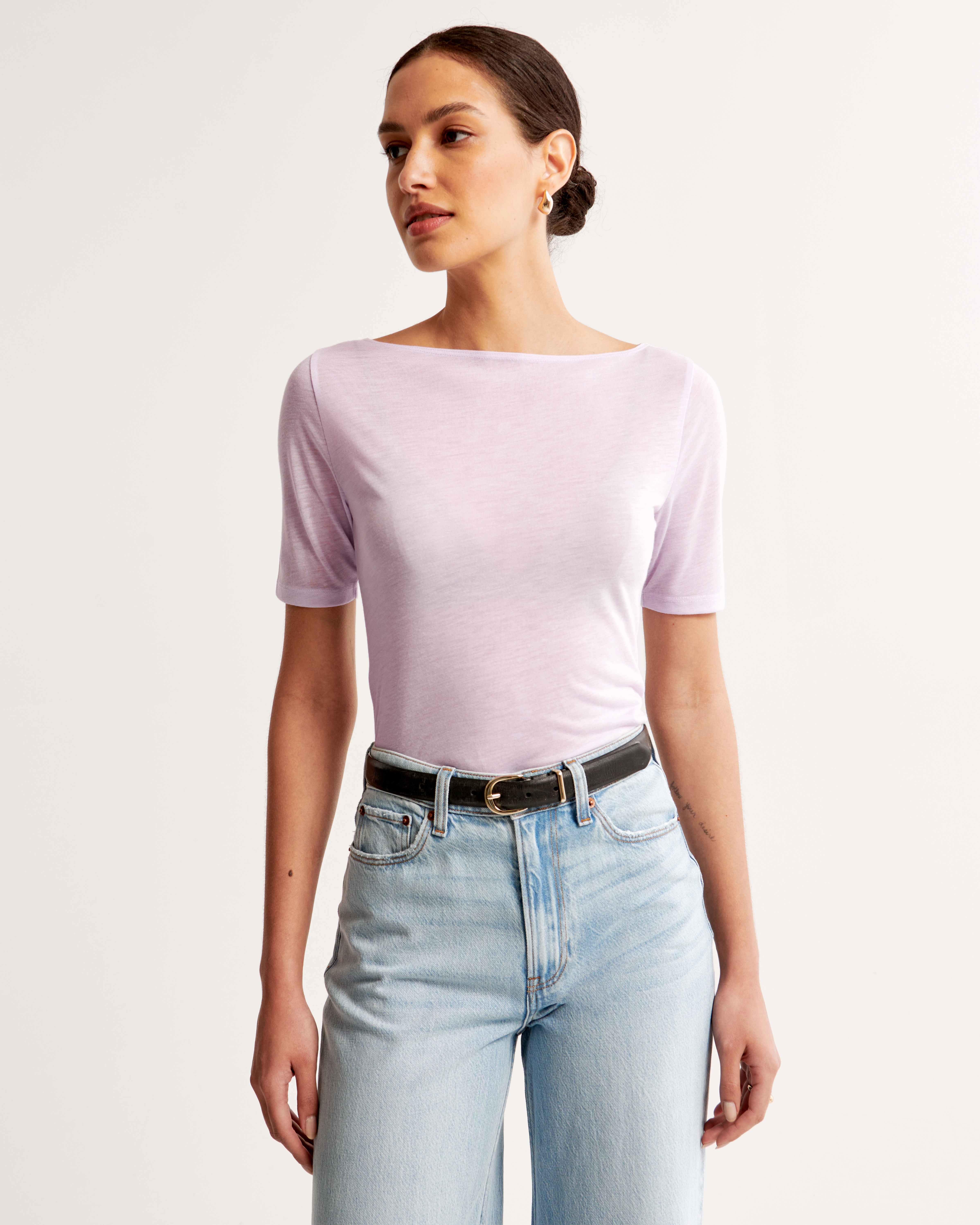 Abercrombie & Fitch Sheer Half-sleeve Slash Top In Purple
