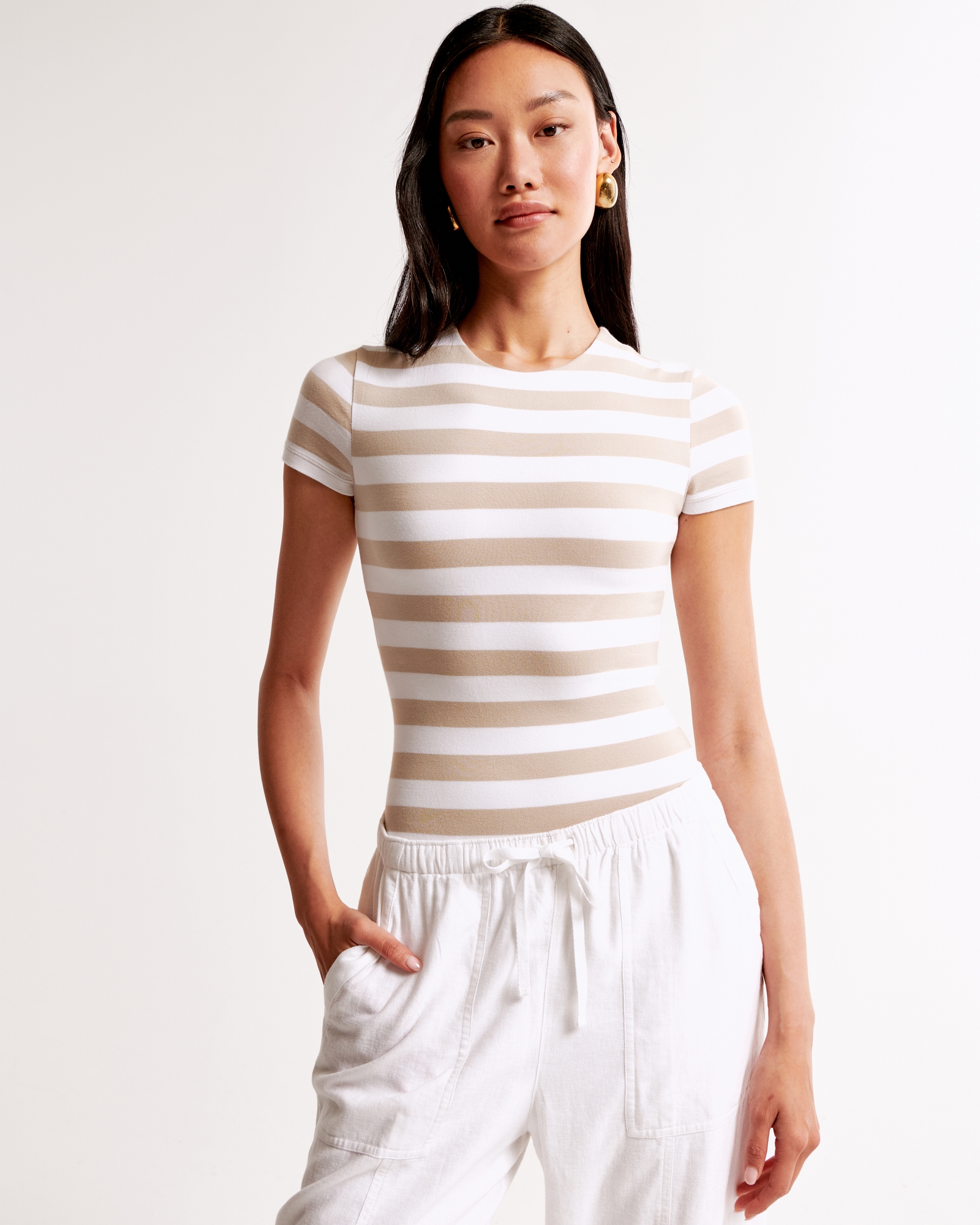 Short-Sleeve Cotton-Blend Seamless Fabric Crew Bodysuit