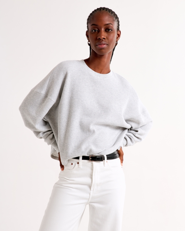 Long-Sleeve Oversized Dolman Waffle Tee, Light Gray