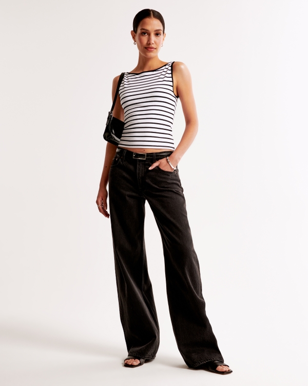 Cotton-Blend Seamless Fabric Boatneck Top, White Stripe view 1