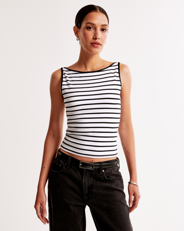 Cotton-Blend Seamless Fabric Boatneck Top, White Stripe view 2