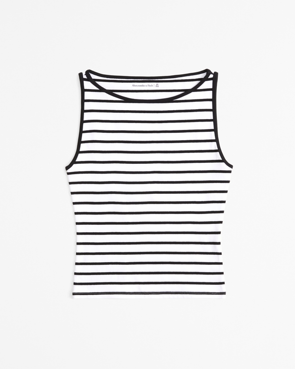 Cotton-Blend Seamless Fabric Boatneck Top, White Stripe view 1