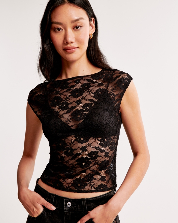 Lace Boatneck Top, Black