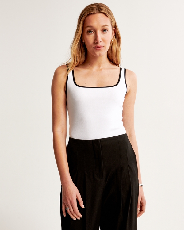 Essential Tuckable Squareneck Rib Tank, White And Black view 2
