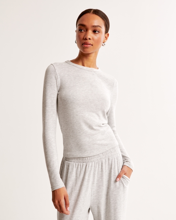 Long-Sleeve Cozy Lounge Knit Top, Light Gray