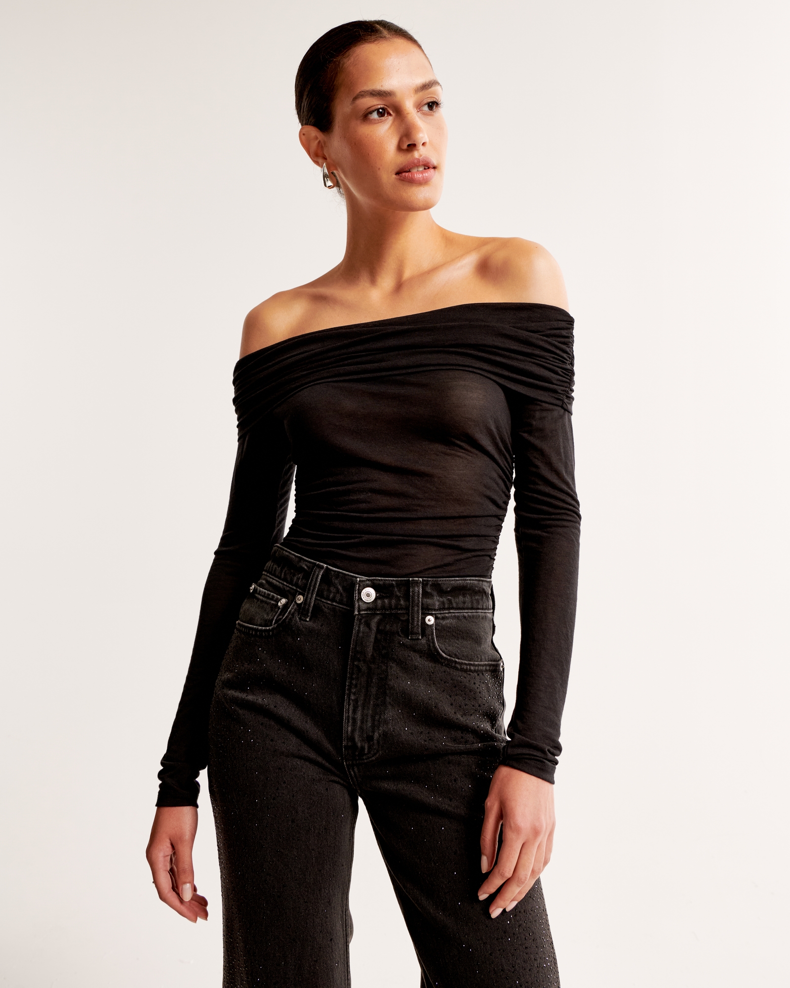 Long-Sleeve Sheer Jersey Off-The-Shoulder Top