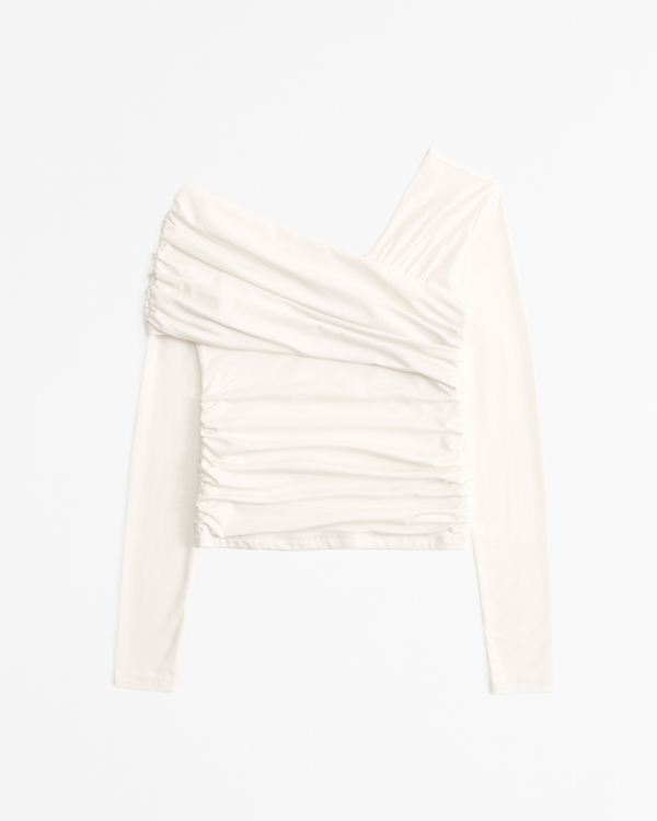 Long-Sleeve Cotton-Modal Asymmetrical Wrap Top, Cream
