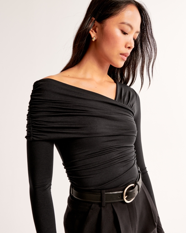 Long-Sleeve Cotton-Modal Asymmetrical Wrap Top, Black