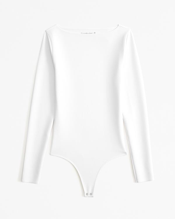 Long-Sleeve Sculpt Matte Fabric Slash Bodysuit, White
