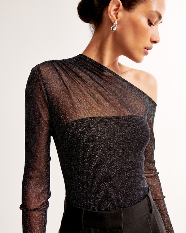 Long-Sleeve Lurex Mesh Asymmetrical Bodysuit, Black Shimmer