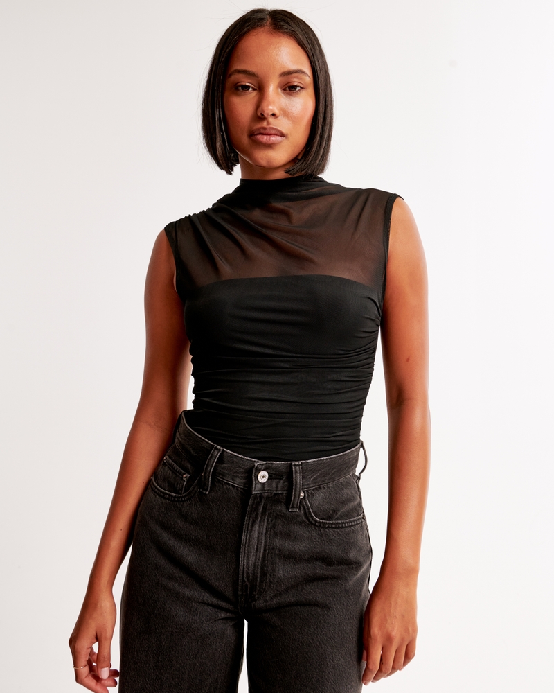 Draped Mesh Mockneck Bodysuit