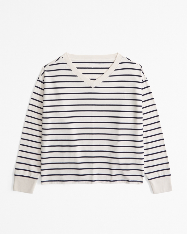 Long-Sleeve Jersey Oversized V-Neck Tee, Black Stripe view 1