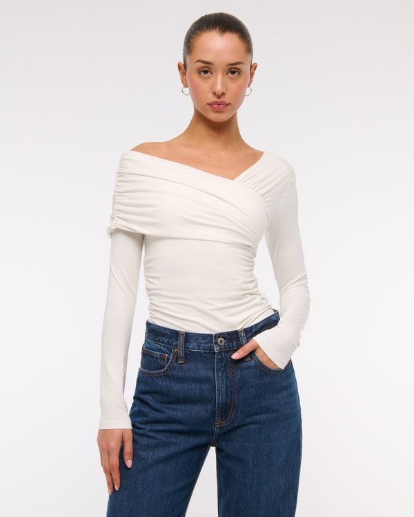 Long-Sleeve Off-The-Shoulder Draped Wrap Top, Cream