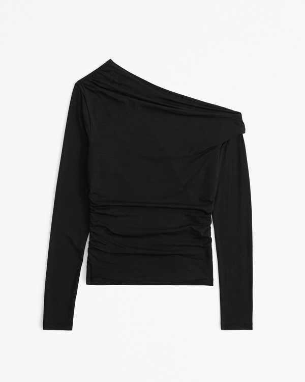 Long-Sleeve Off-The-Shoulder Draped Top, Black