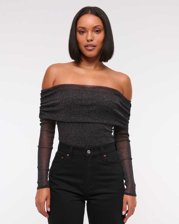 Long-Sleeve Off-The-Shoulder Mesh Bodysuit, Black Shimmer