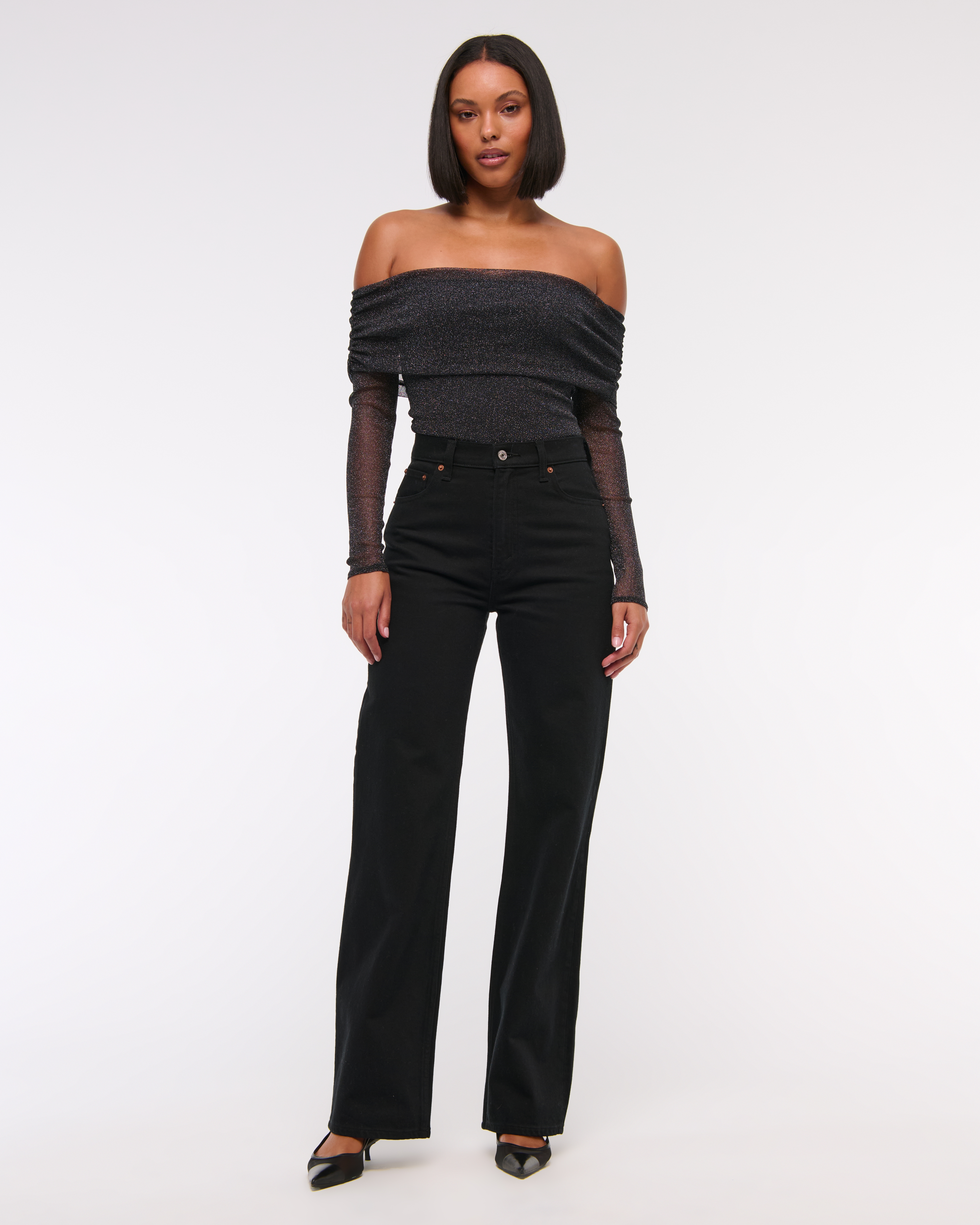 Women's Long-Sleeve Off-The-Shoulder Mesh Bodysuit | Women's