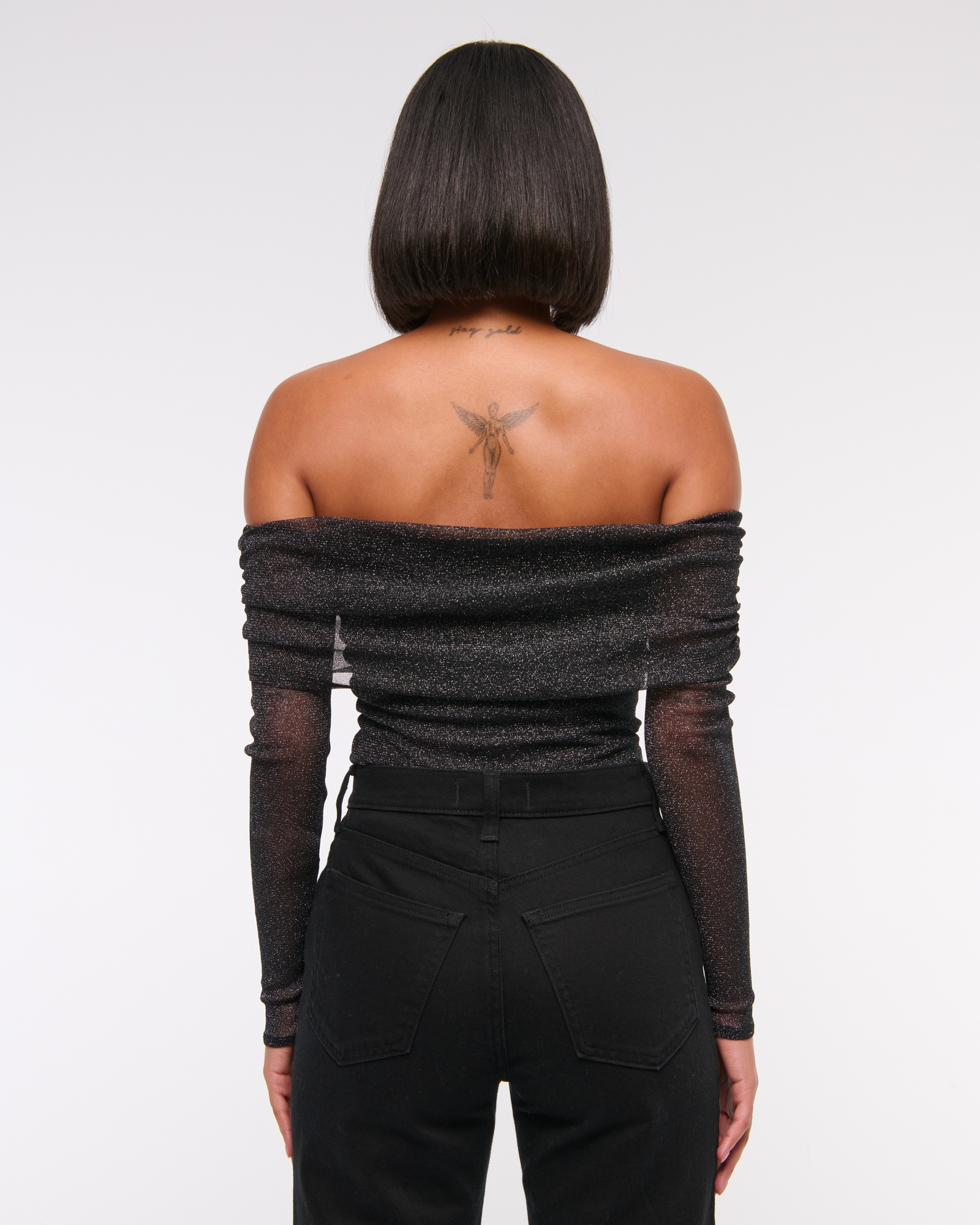 Long-Sleeve Off-The-Shoulder Mesh Bodysuit