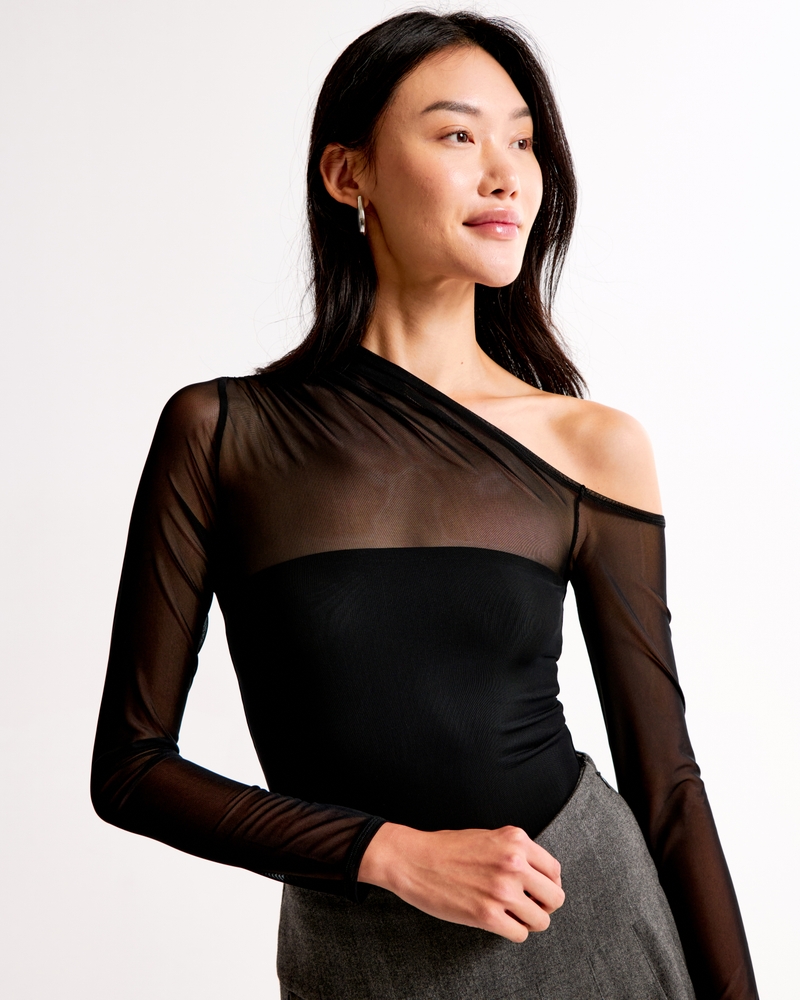 ASYMMETRY-SLEEVE PULLOVER アシンメトリースリーブ黒38 Women's Long-Sleeve Asymmetrical Draped Mesh Bodysuit