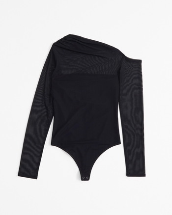 Women's Long-Sleeve Asymmetrical Draped Mesh Bodysuit
