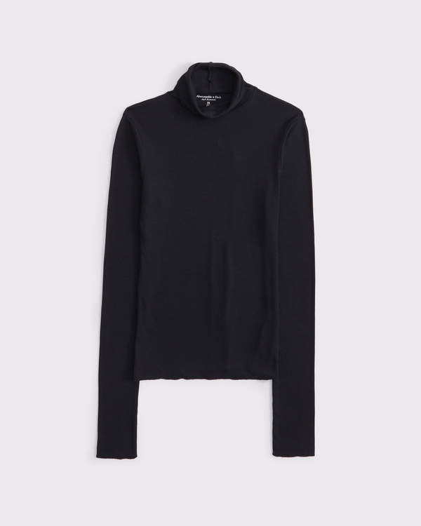 Long-Sleeve Featherweight Rib Tuckable Mockneck Top, Black view 1