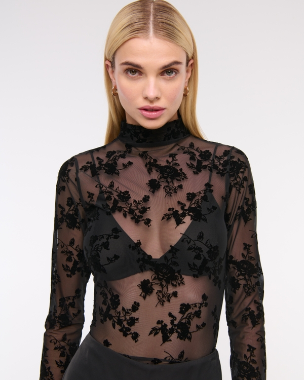 Long-Sleeve Mockneck Mesh Top
