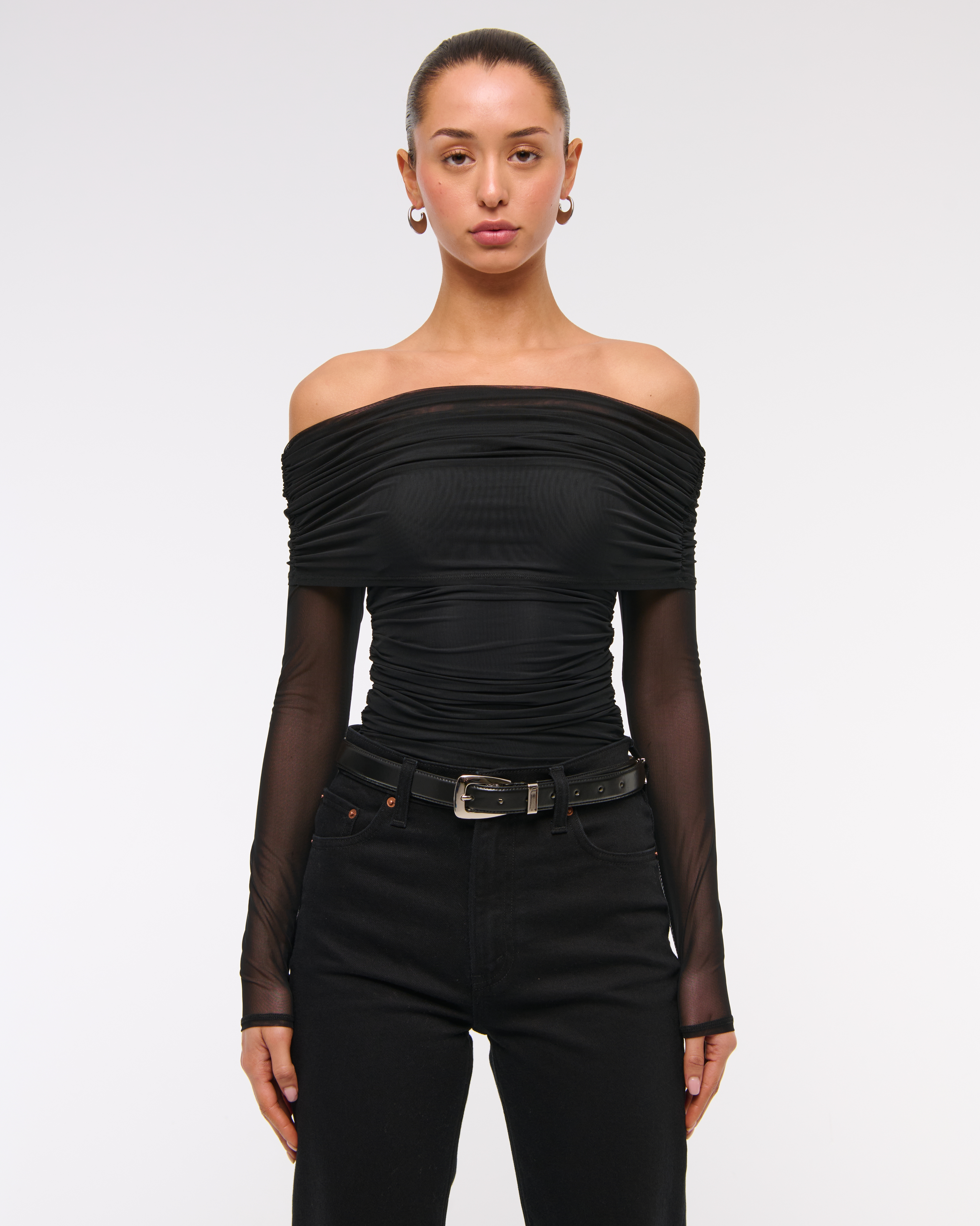 Abercrombie & Fitch Long-sleeve Mesh Foldover Bodysuit In Black