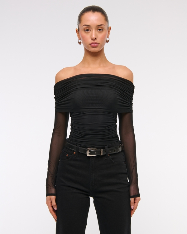 Long-Sleeve Mesh Foldover Bodysuit, Black