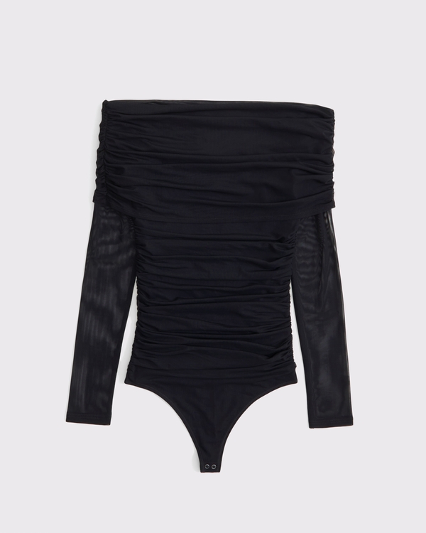 Long-Sleeve Mesh Foldover Bodysuit, Black view 1