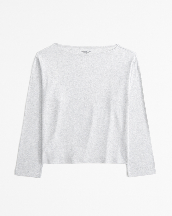 Long-Sleeve Cozy Lounge Knit Tuckable Slash Tee, Light Gray view 1