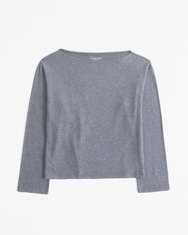 Long-Sleeve Cozy Lounge Knit Tuckable Slash Tee, Gray view 1