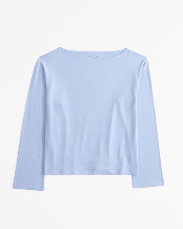 Long-Sleeve Cozy Lounge Knit Tuckable Slash Tee, Periwinkle view 1