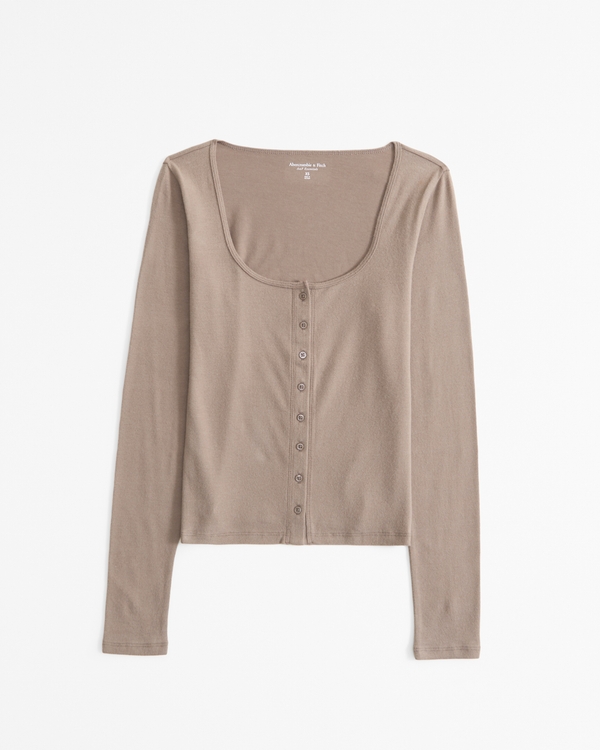 Long-Sleeve Cozy Lounge Knit Button-Through Top, Taupe Gray view 1