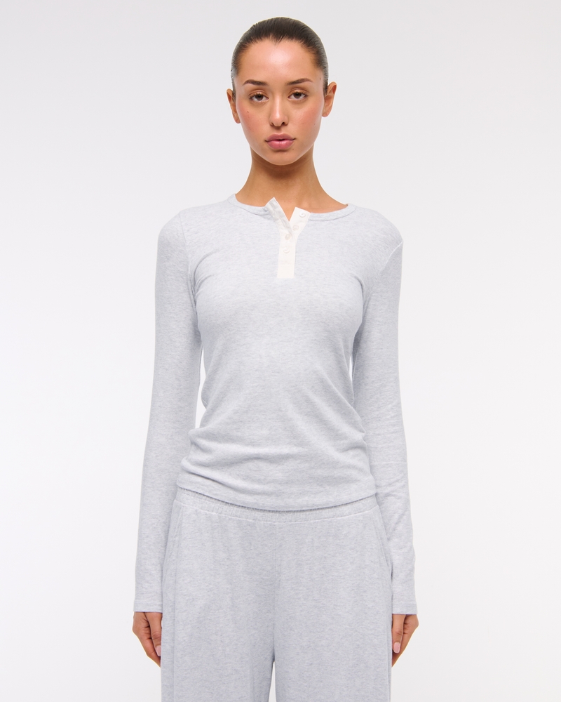 Long-Sleeve Cozy Lounge Knit Tuckable Henley Top