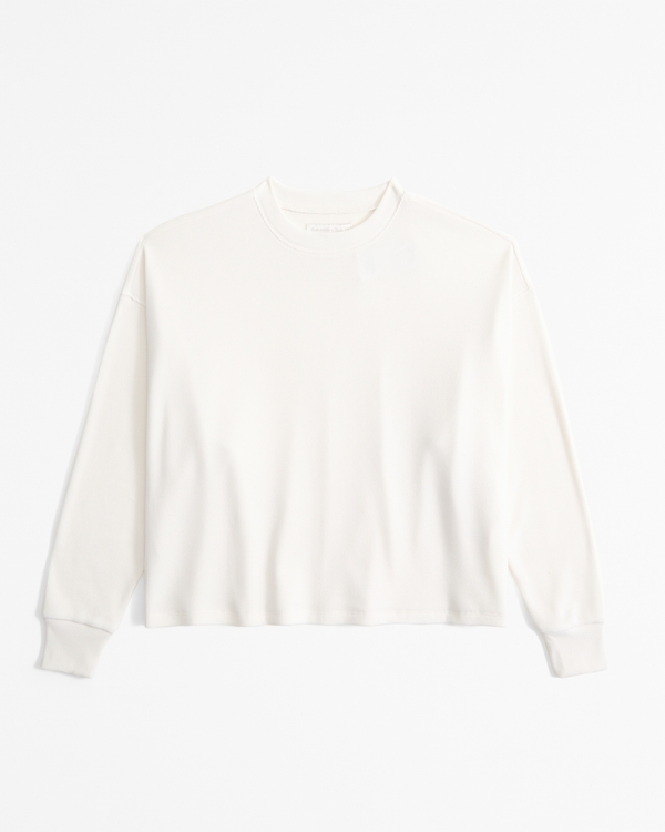 Long-Sleeve Oversized Lounge Waffle Tee, Cream