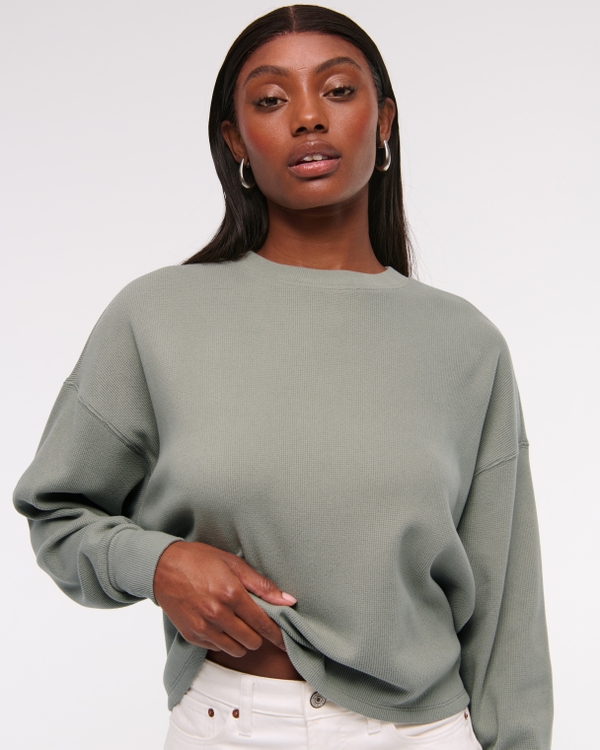 Long-Sleeve Oversized Lounge Waffle Tee, Frosty Olive