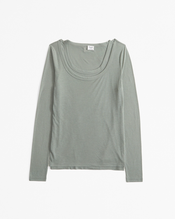 Long-Sleeve Balletic Scoopneck Top, Frosty Olive view 1