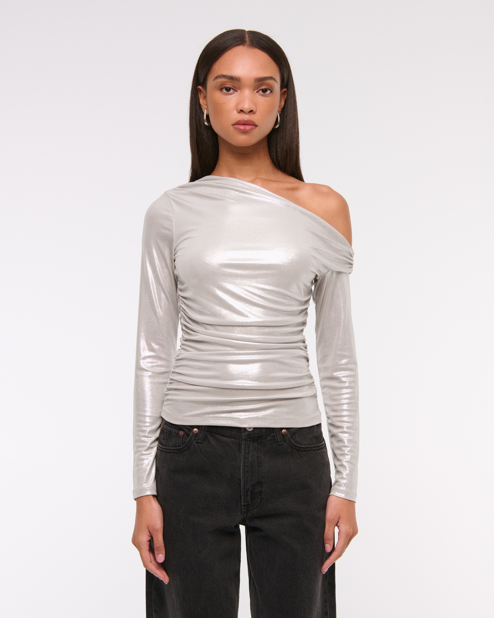 Long-Sleeve Liquid Shine Draped Top